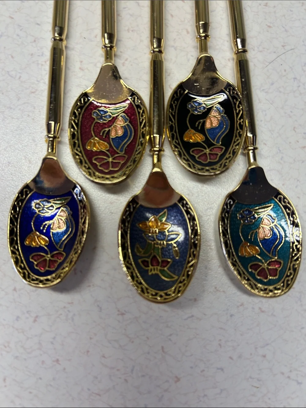 vintage gold-toned cloisonné enamel souvenir demitasse spoons set of 5